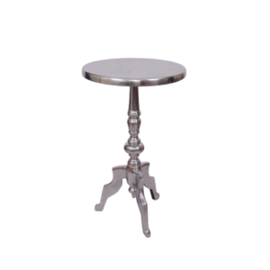 modern silver round side table with decorative pedestal base